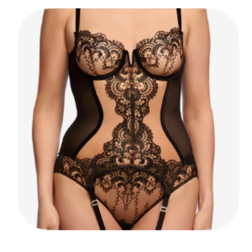 Dita Von Teese Nom de Plume Embroidered Lace Bustier / Corset Basque Black/ tan)